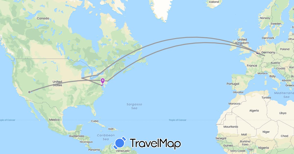 TravelMap itinerary: driving, plane, train in Belgium, Germany, United States (Europe, North America)